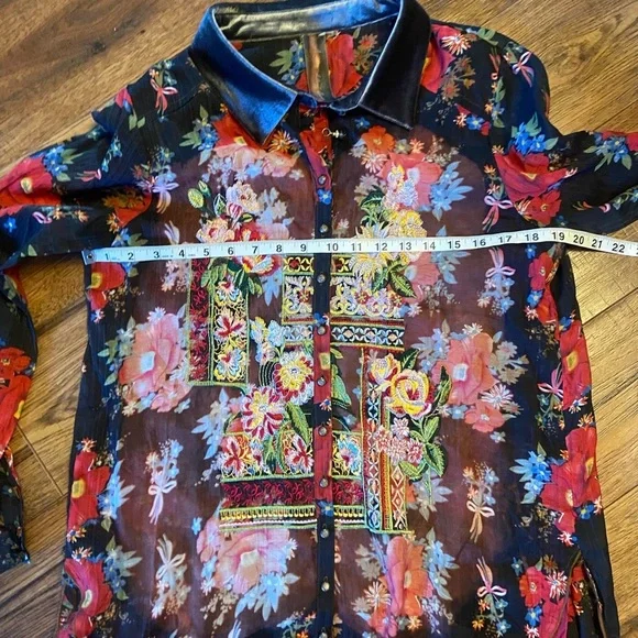 Aratta Silent Journey Women's M Floral Multi Color Trim Velvet Bohemian Top